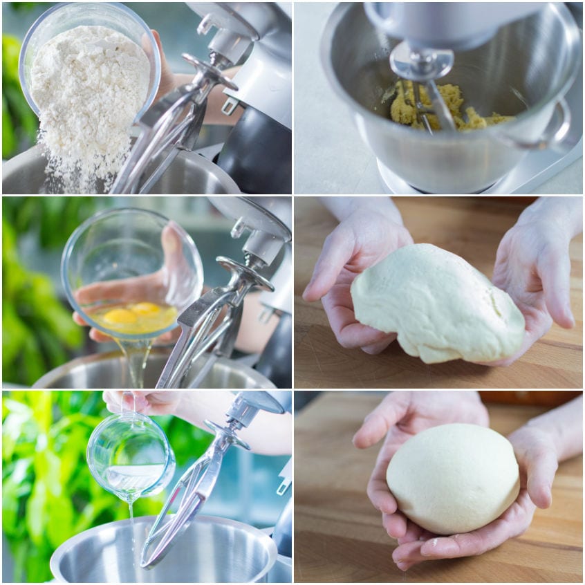 Fasi di preparazione dell'impasto per maltagliati: farina, uova e acqua in planetaria, poi panetto liscio modellato a mano