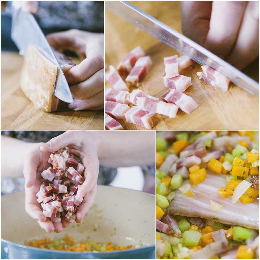 Pancetta tagliata a cubetti aggiunta a mano nel tegame con il soffritto di verdure