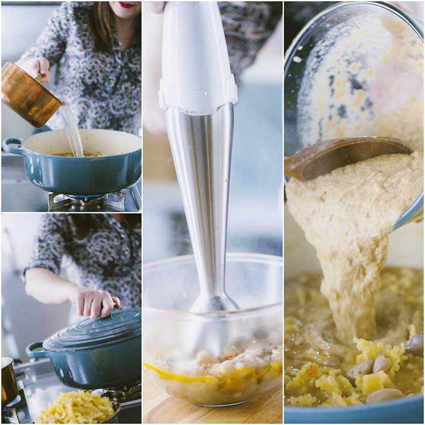 Crema di fagioli frullata con il mixer a immersione, poi versata nella zuppa con pasta