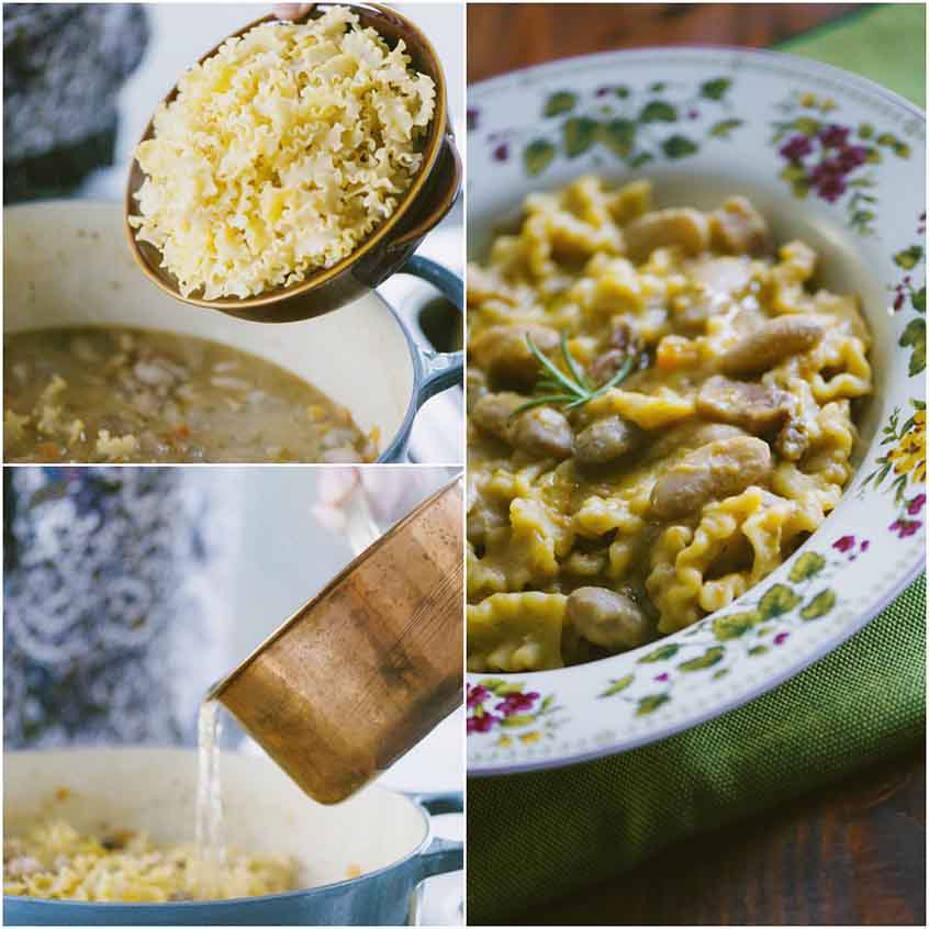 Pasta e fagioli cremosa nel piatto con un rametto di rosmarino, accanto ai passaggi di cottura