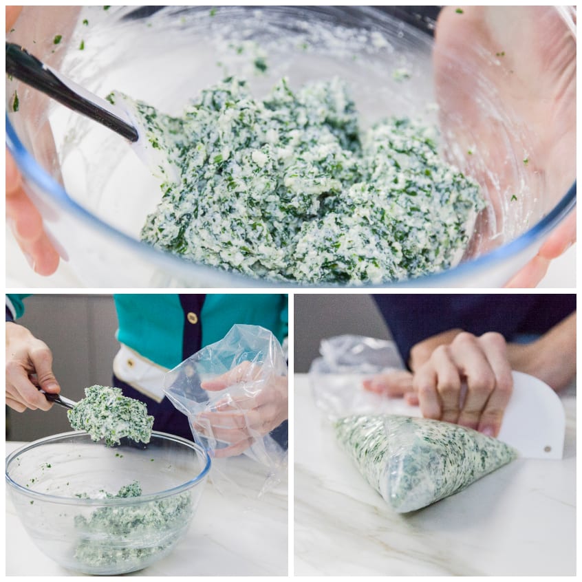 Ripieno di ricotta e spinaci mescolato in ciotola, poi trasferito in sac à poche