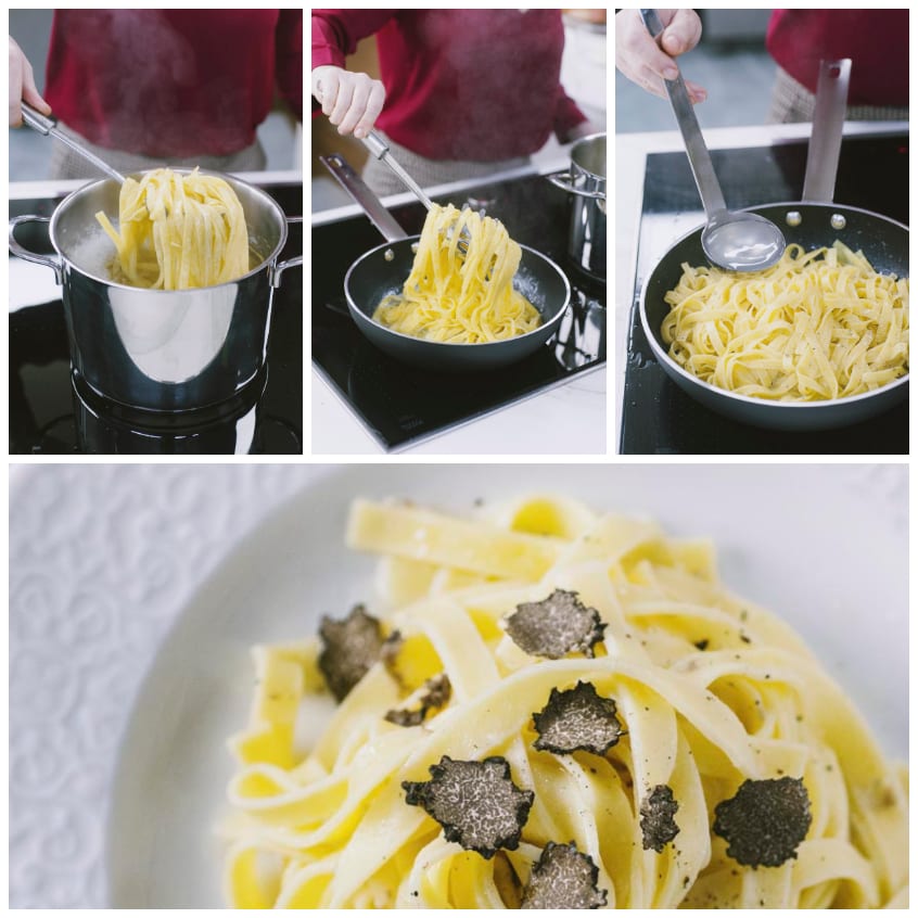 Tagliatelle al tartufo nero impiattate con scaglie di tartufo in superficie