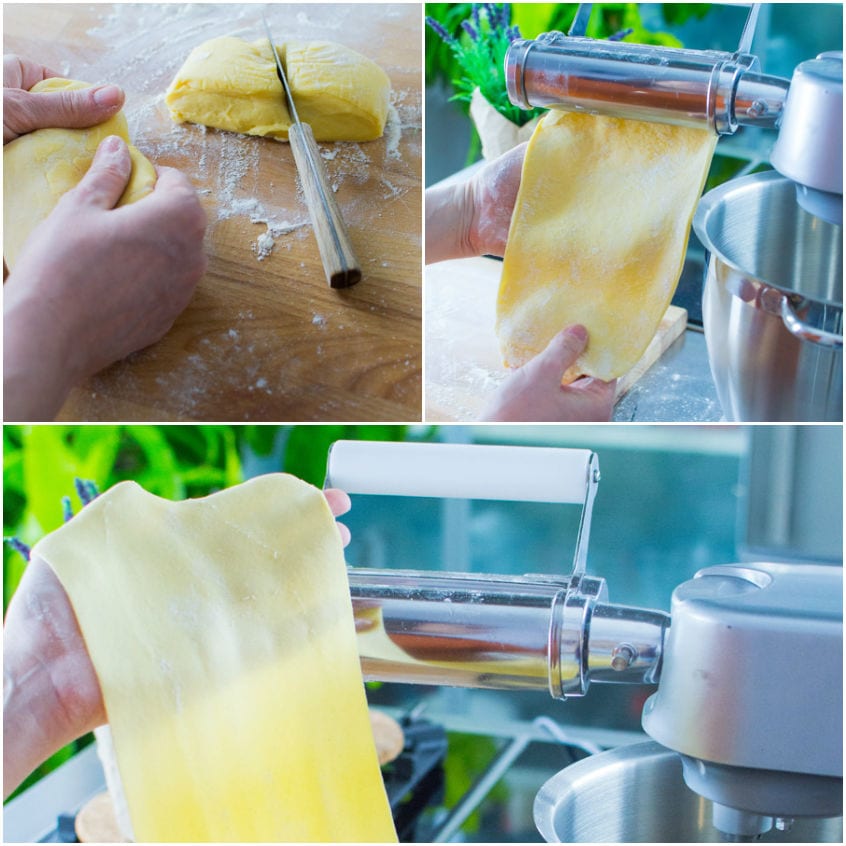 Impasto all'uovo tagliato a pezzi e laminato con la sfogliatrice fino a ottenere sfoglie sottili