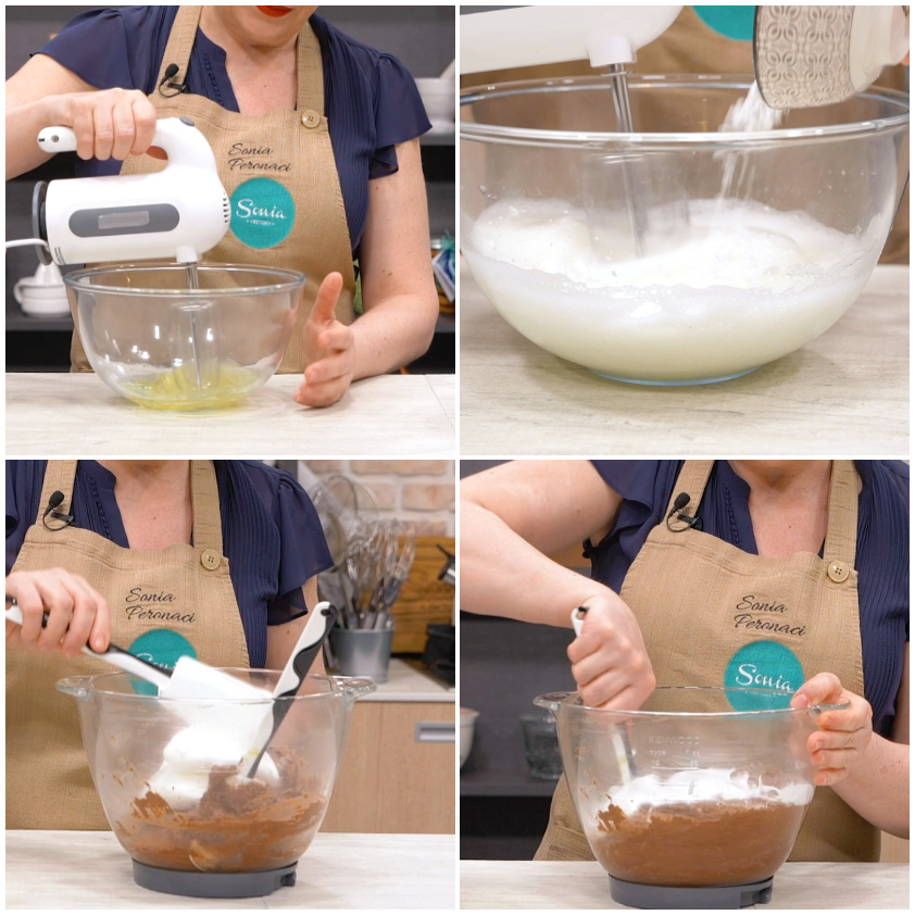 Albumi a neve incorporati delicatamente al composto di cioccolato per la torta caprese