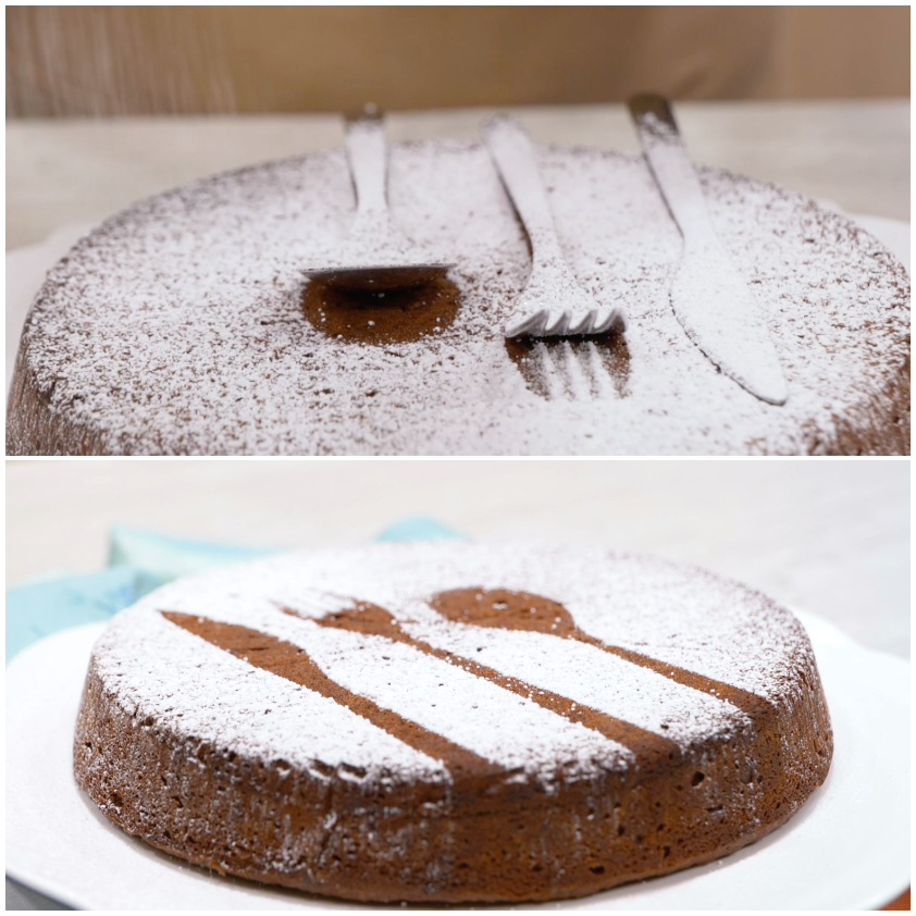 Torta caprese al cioccolato spolverizzata di zucchero a velo con decorazione a motivo