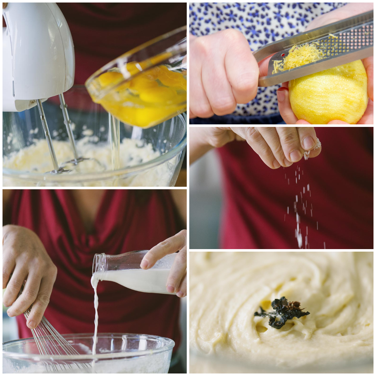 Uova incorporate nell'impasto della torta di mele con latte e scorza di limone grattugiata
