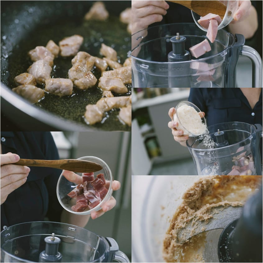 Ingredienti del ripieno per tortellini tritati nel cutter: carne rosolata, mortadella e Parmigiano