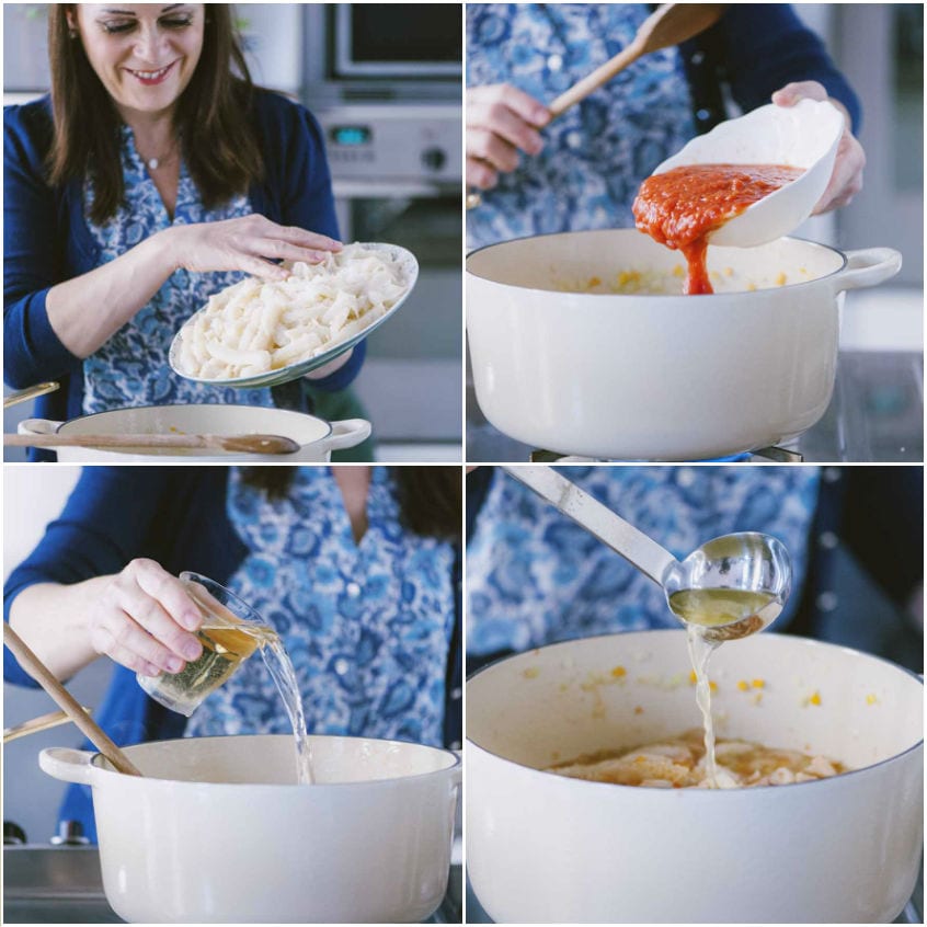 Listarelle di trippa sfumate con vino bianco in tegame con passata di pomodoro