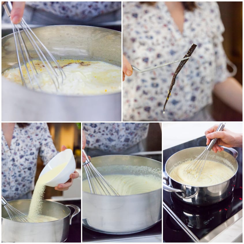 Semolino versato a pioggia nel latte caldo e mescolato con la frusta fino a ottenere un composto liscio
