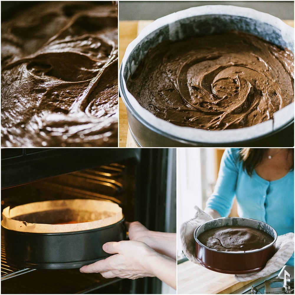 Impasto al cioccolato versato nella tortiera foderata, poi infornato e sfornato cotto