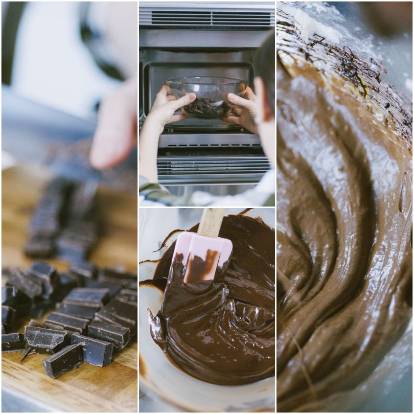 Cioccolato tritato, fusione al microonde e impasto al cioccolato mescolato in planetaria