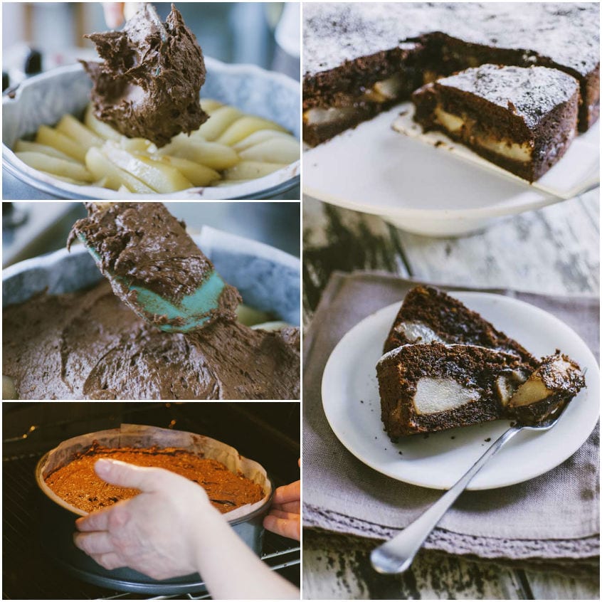 Collage di preparazione: impasto al cioccolato versato sulle pere, infornato e servito a fette con zucchero a velo