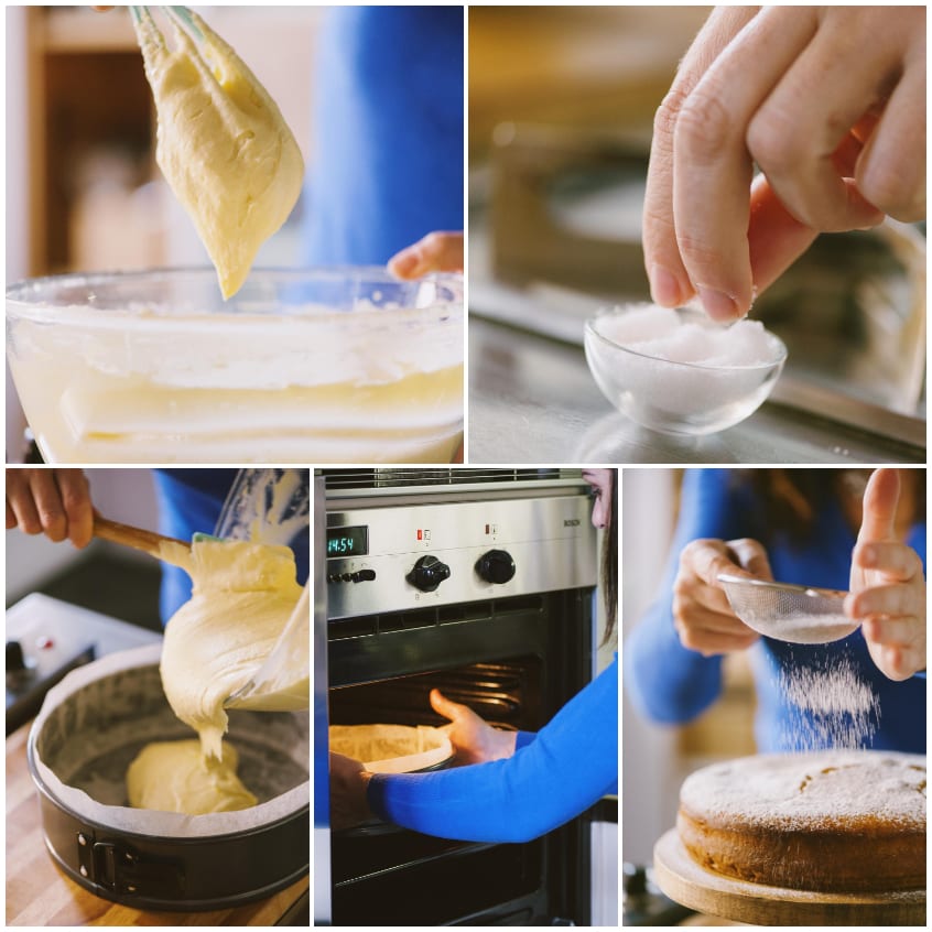 Zucchero a velo setacciato sulla torta allo yogurt raffreddata, con i passaggi di preparazione dell'impasto
