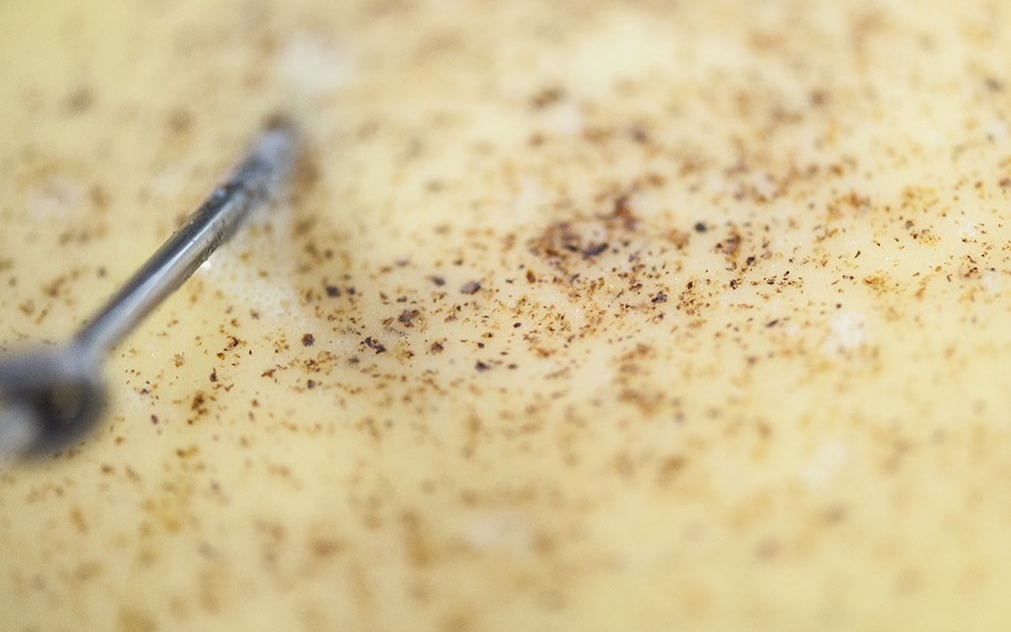 Besciamella cosparsa di noce moscata grattugiata, vista in primo piano con una frusta