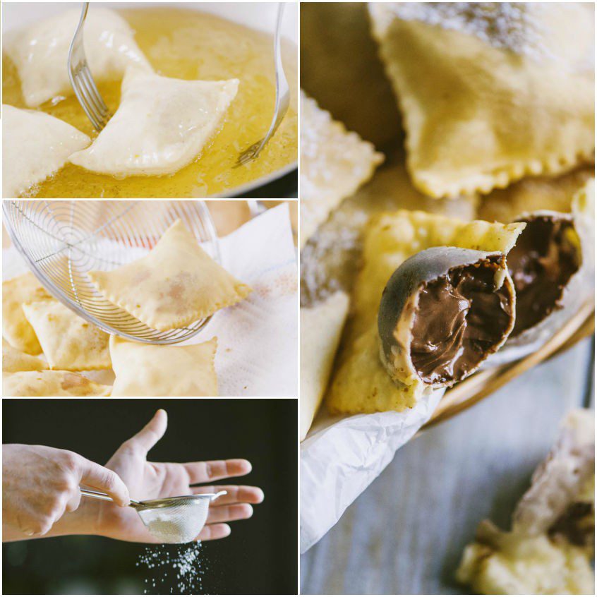 Bugie ripiene di Nutella fritte, scolate e spolverate con zucchero a velo prima di essere assaggiate