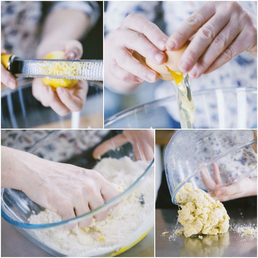 Preparazione dell'impasto delle chiacchiere: scorza di limone grattugiata, uova rotte e pasta lavorata a mano
