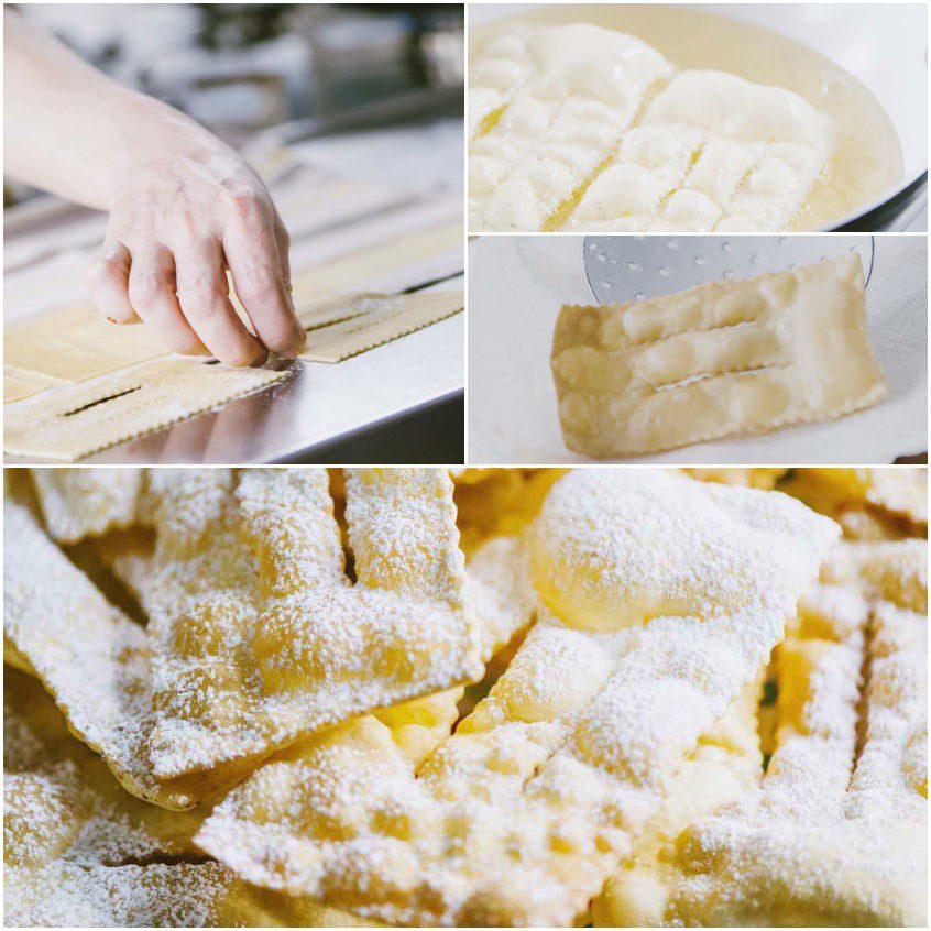 Chiacchiere fritte gonfie e dorate, appena scolate e spolverizzate con zucchero a velo