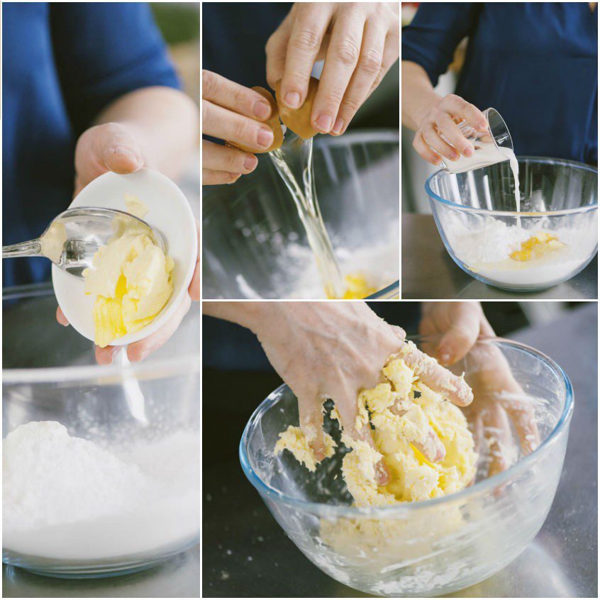 Mani che lavorano l'impasto delle chiacchiere senza glutine con margarina, uova e latte vegetale