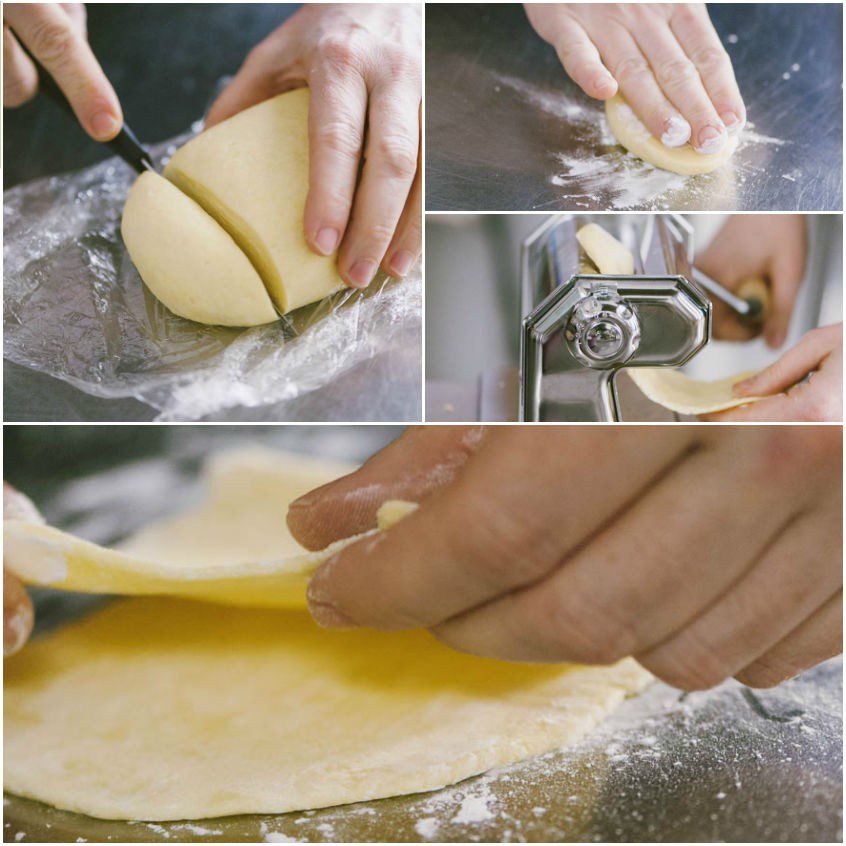 Impasto diviso in porzioni, appiattito con la macchinetta per la pasta su piano infarinato