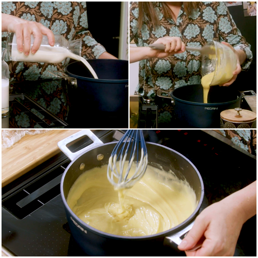 Latte versato in pentolino, poi composto di tuorli incorporato e crema mescolata con la frusta fino a densità