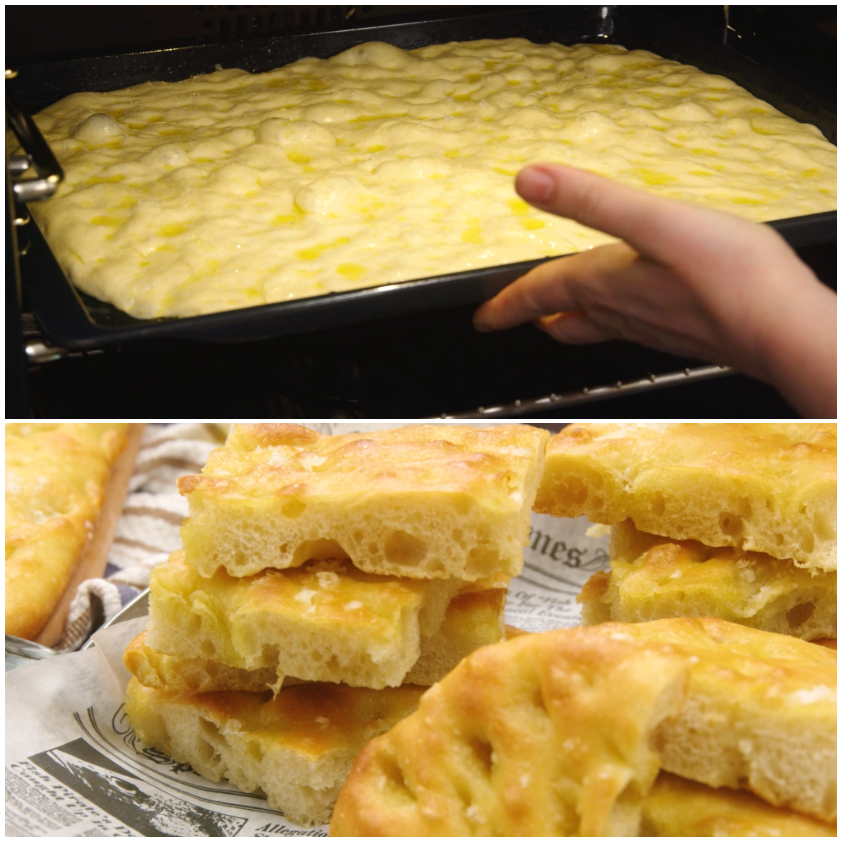Focaccia cruda con olio condita prima di entrare in forno, poi tagliata a quadrotti dorati e alveolati