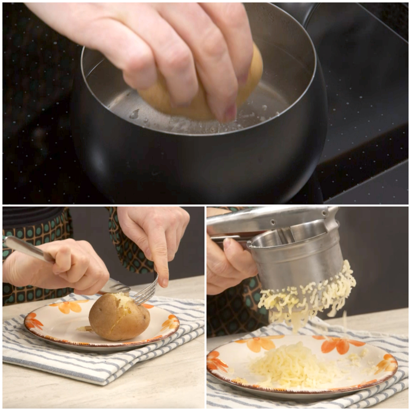 Patate lessate con la buccia scolate e schiacciate per l'impasto della focaccia barese