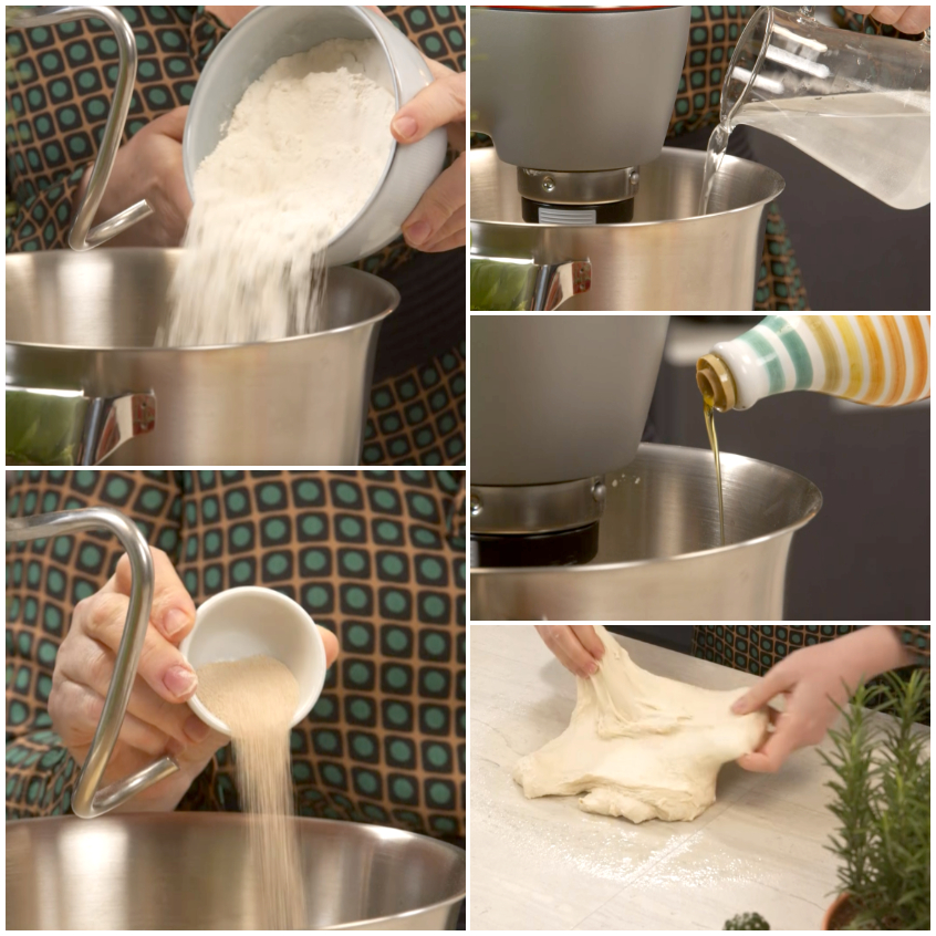 Impasto per focaccia barese che si incorda nel gancio della planetaria con farina e patate
