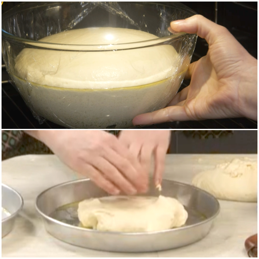 Impasto della focaccia barese steso a mano in una teglia rotonda unta d'olio