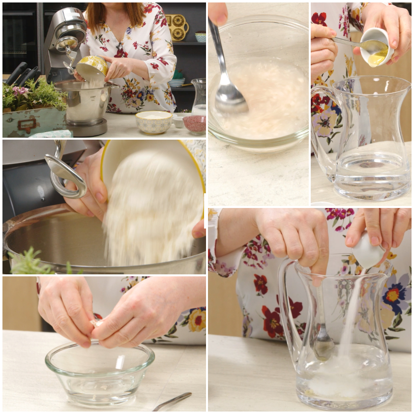 Preparazione dell'impasto per la focaccia genovese: farina versata nella planetaria, lievito sciolto in acqua e miele mescolato a parte
