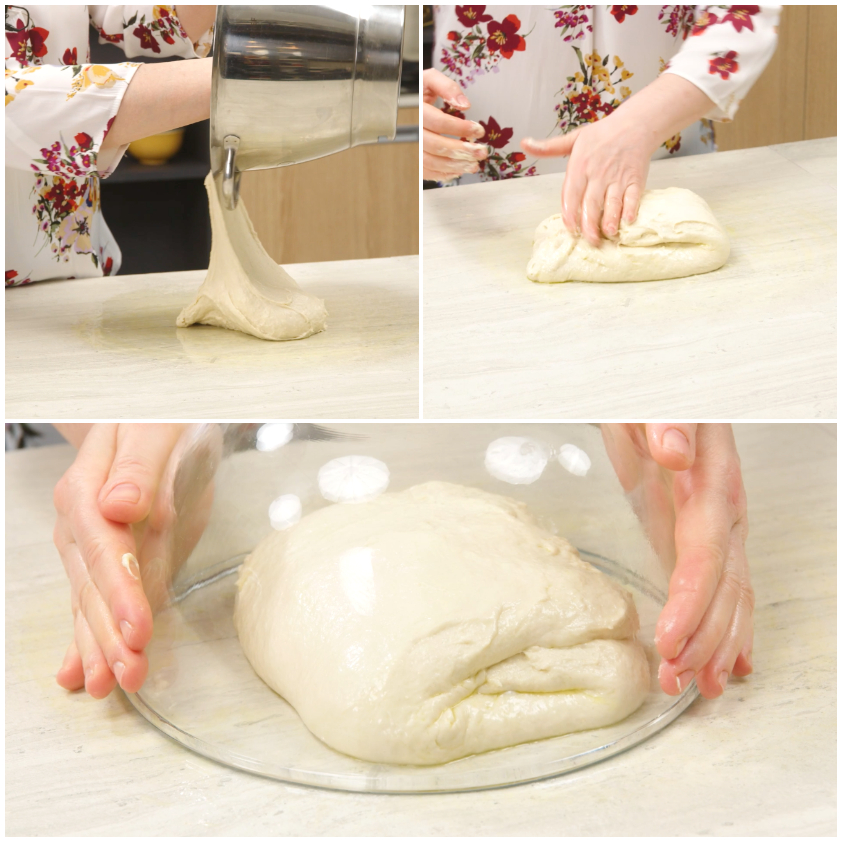 Impasto della focaccia genovese versato sul piano, piegato a panetto e coperto con una ciotola rovesciata