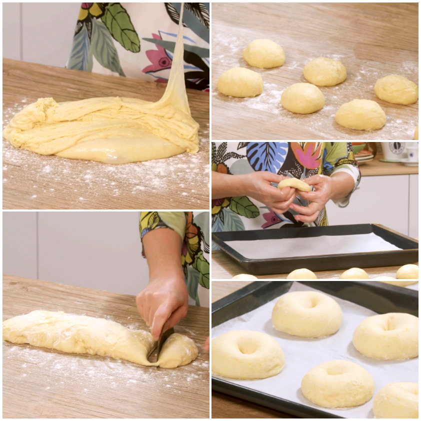 Impasto per graffe diviso in palline e sagomato a ciambella su piano infarinato