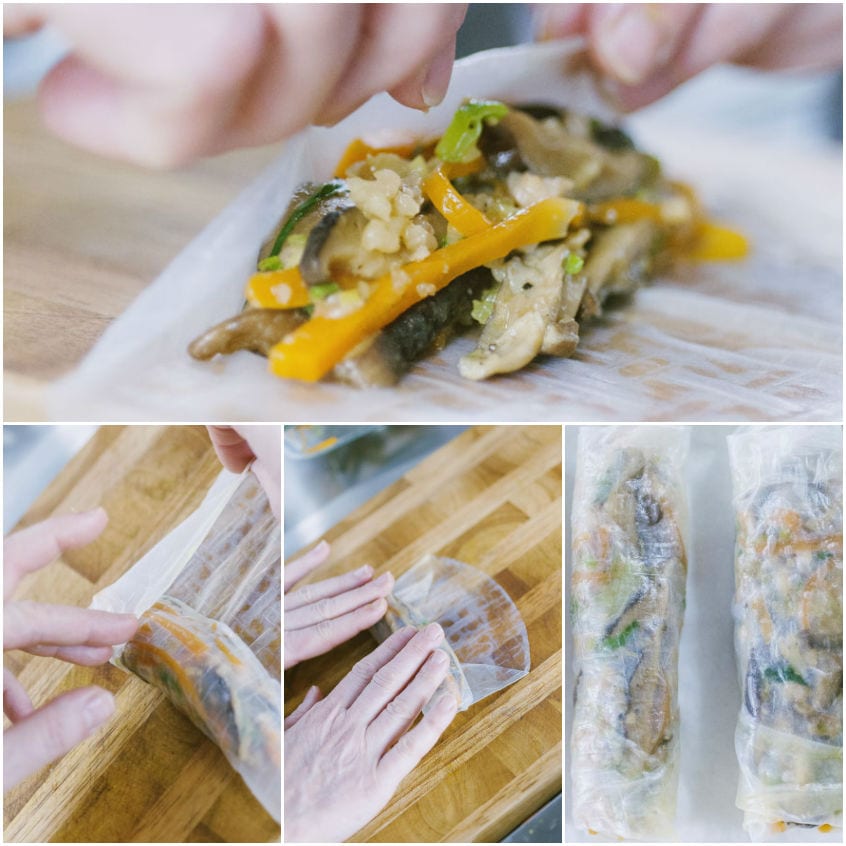 Farcia di verdure e funghi arrotolata nella pasta di riso per formare gli involtini primavera