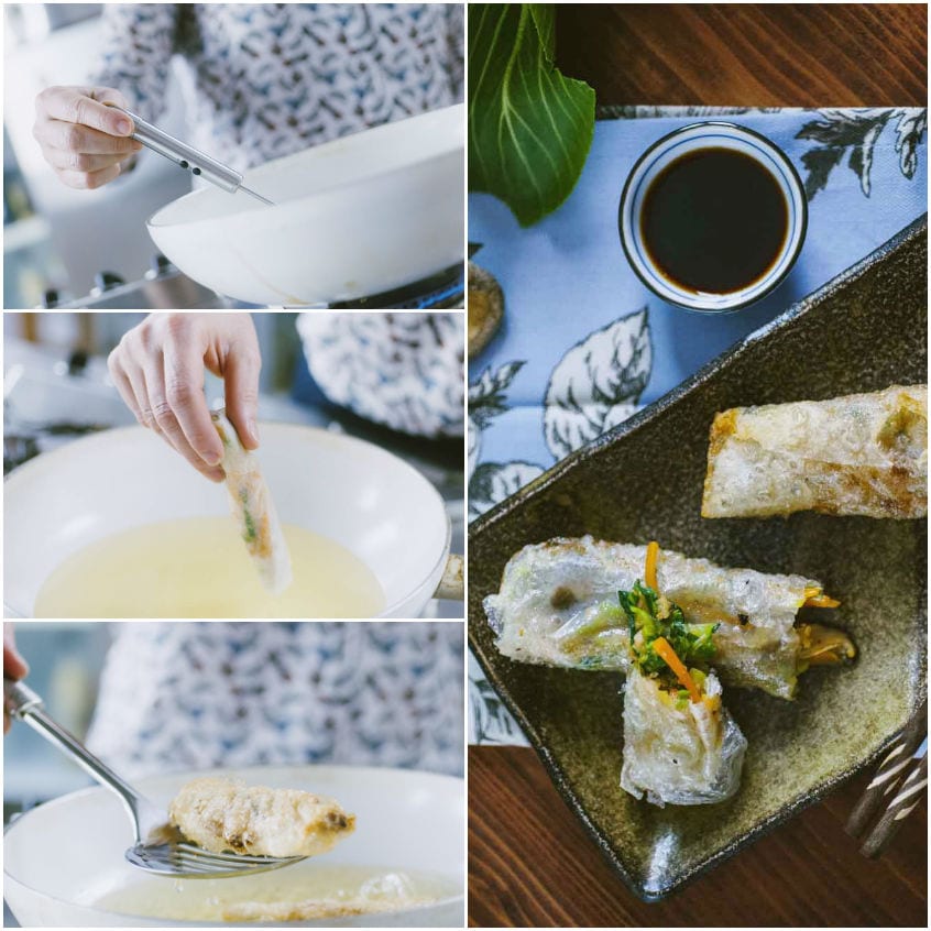 Involtini primavera fritti e tagliati a meta, farciti di verdure, serviti con salsa di soia