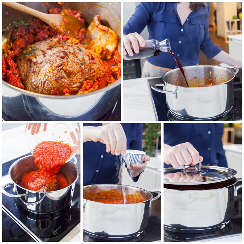 Carne brasata con soffritto di pomodoro, sfumata con vino rosso e passata, poi coperta a sobbollire
