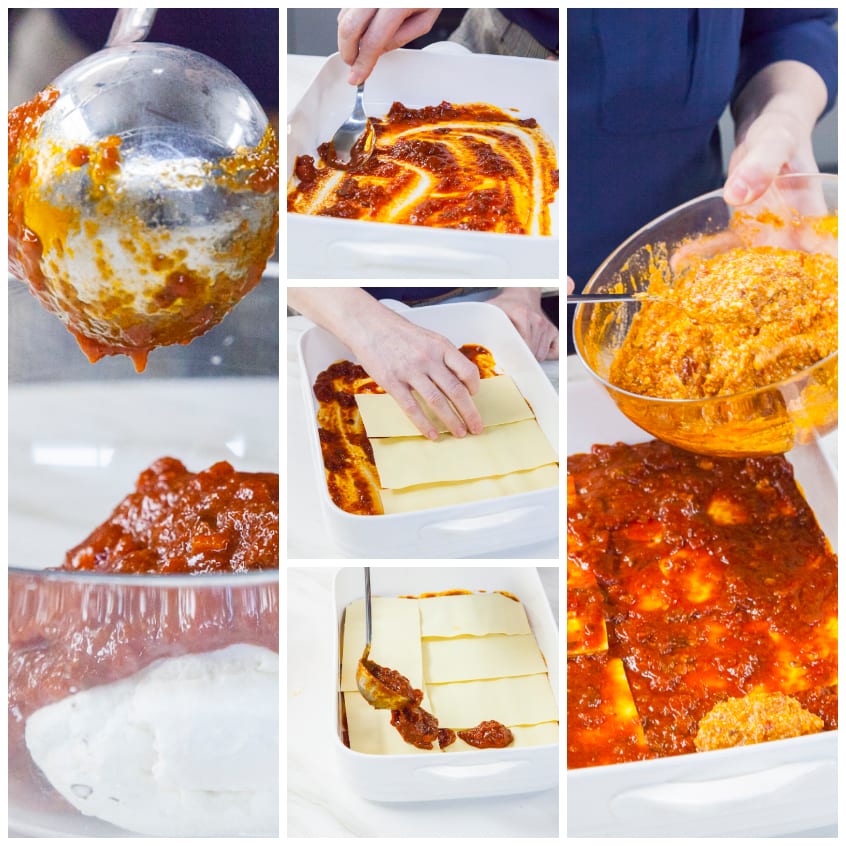 Composizione a strati delle lasagne di Carnevale con sfoglia, sugo e crema di ricotta