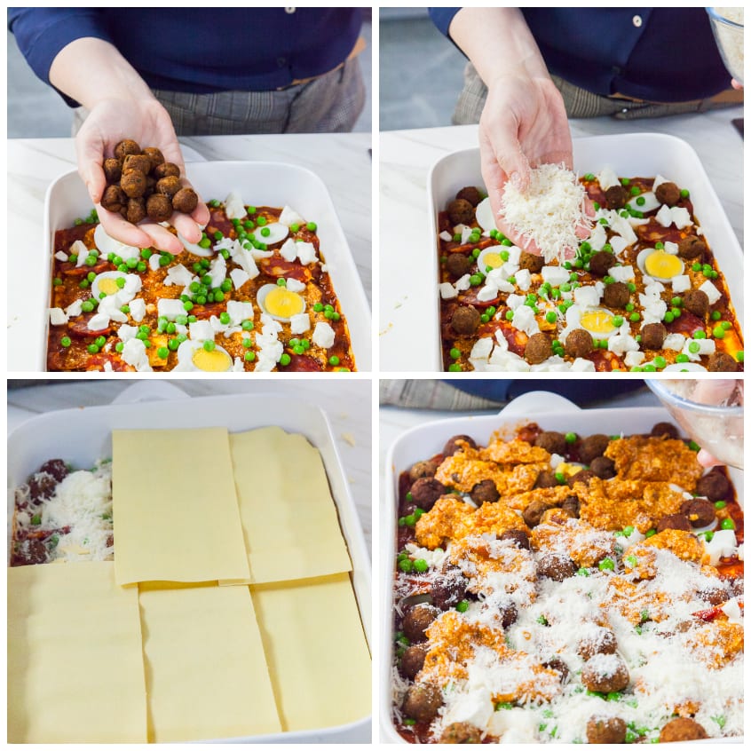 Assemblaggio delle lasagne di carnevale: polpettine, piselli, uova sode, mozzarella, sfoglie e ricotta a strati