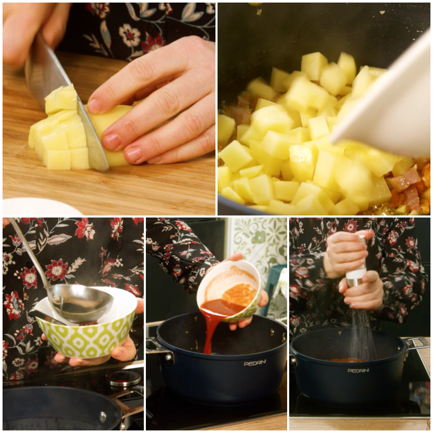 Patate a cubetti tagliate sul tagliere, poi rosolate e sfumate con concentrato di pomodoro