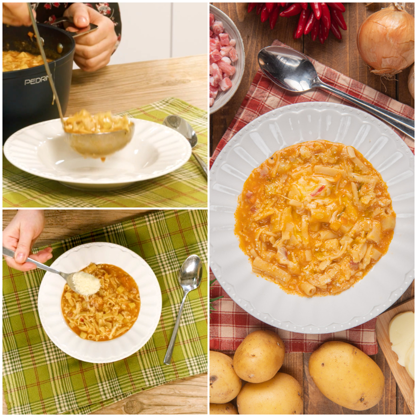 Pasta e patate servita nei piatti con una spolverata di formaggio grattugiato