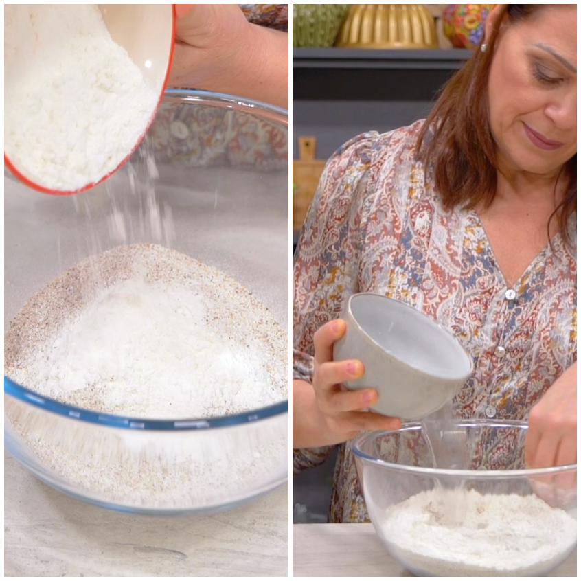 Farina di grano saraceno e farina bianca versate in una ciotola per l'impasto dei pizzoccheri