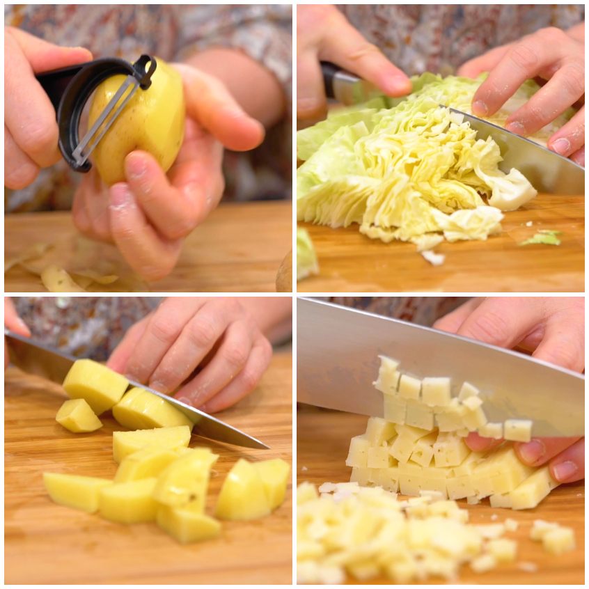 Patate pelate e tagliate a cubetti, verza affettata e formaggio Casera a dadini sul tagliere