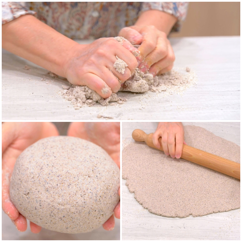 Impasto di grano saraceno lavorato a mano, poi formato a palla e steso col matterello