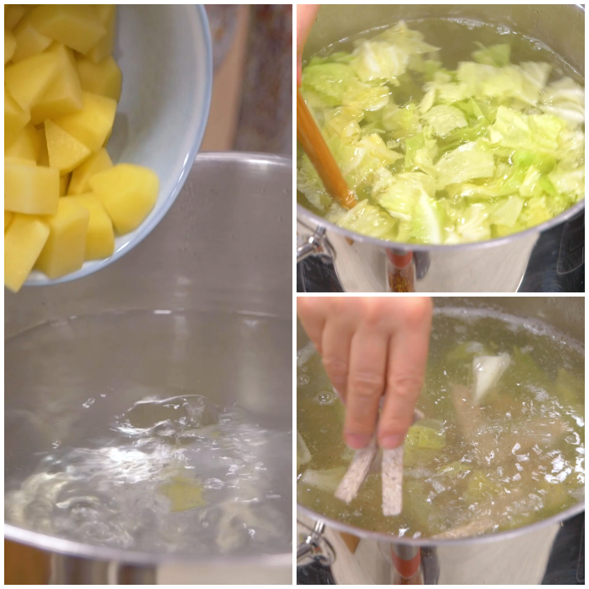 Patate a cubetti versate in acqua bollente insieme a verze e pizzoccheri che cuociono