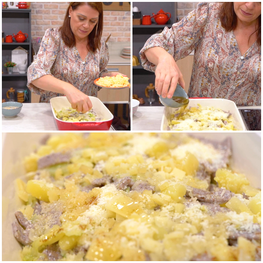 Strati di pizzoccheri con patate e formaggio grattugiato irrorati di burro fuso nella teglia