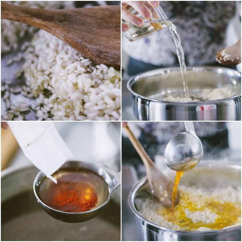 Riso tostato mescolato, vino bianco versato e zafferano sciolto nel brodo prima di unirlo al risotto