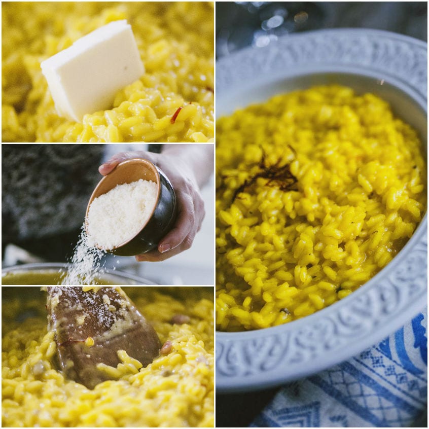 Mantecatura del risotto allo zafferano con burro e parmigiano grattugiato versato a pioggia