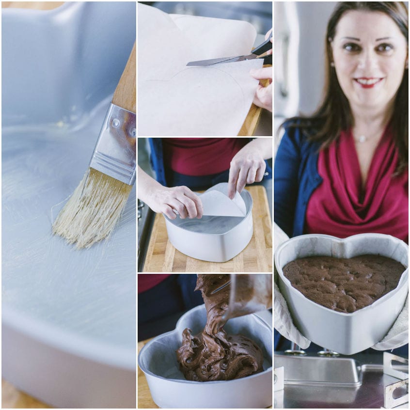 Preparazione dello stampo a cuore e cottura della torta al cioccolato appena sfornata