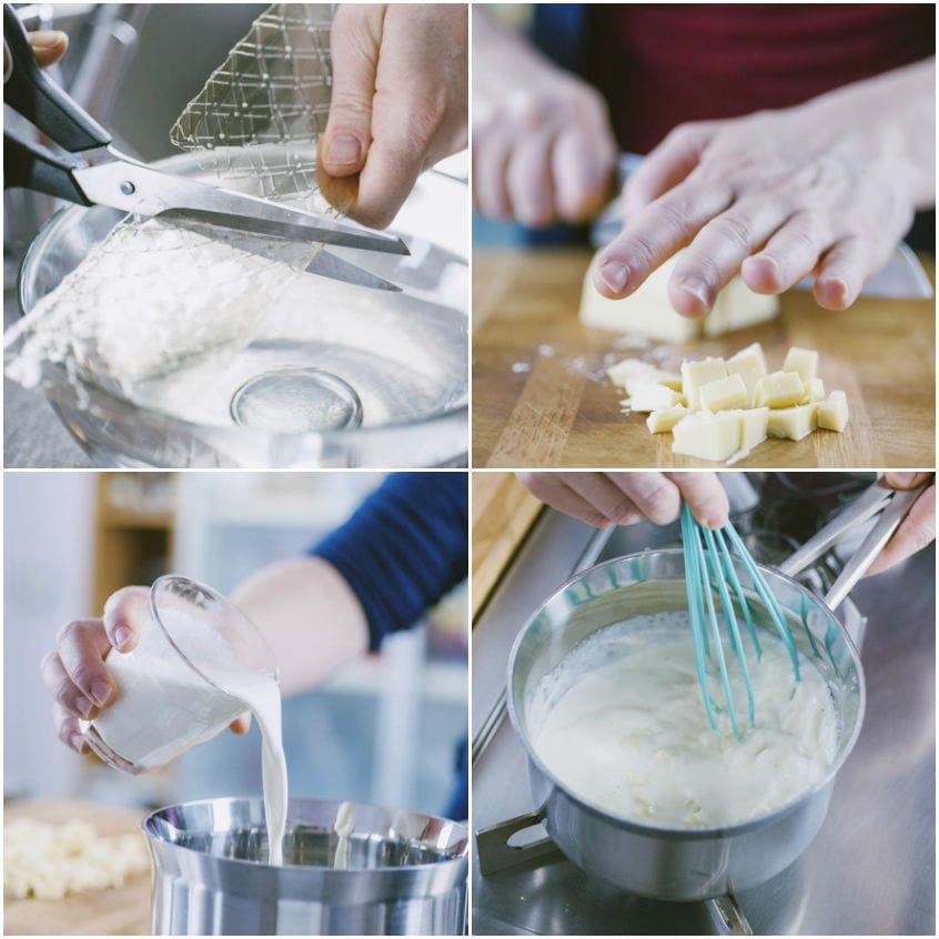 Preparazione della ganache: formaggio filtrato, burro a cubetti, latte versato e crema mescolata in pentolino
