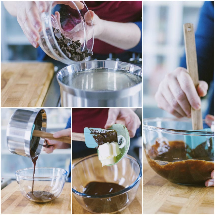 Fasi di preparazione della ganache: cioccolato fuso, versato e mescolato con burro in ciotola