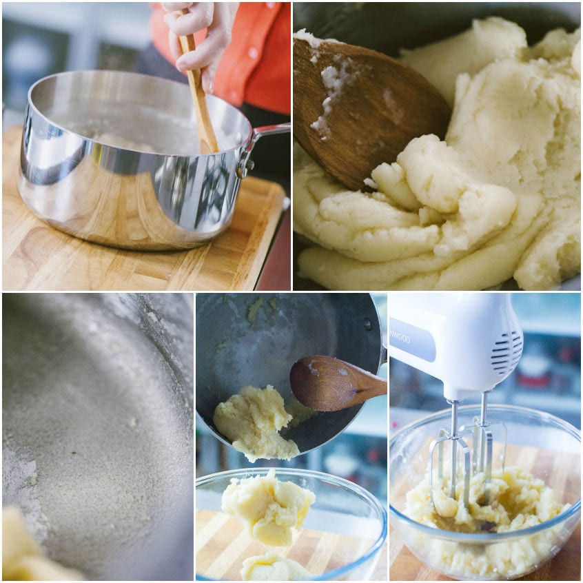 Impasto per bignè lavorato con cucchiaio di legno, poi trasferito in ciotola e montato con frullino elettrico