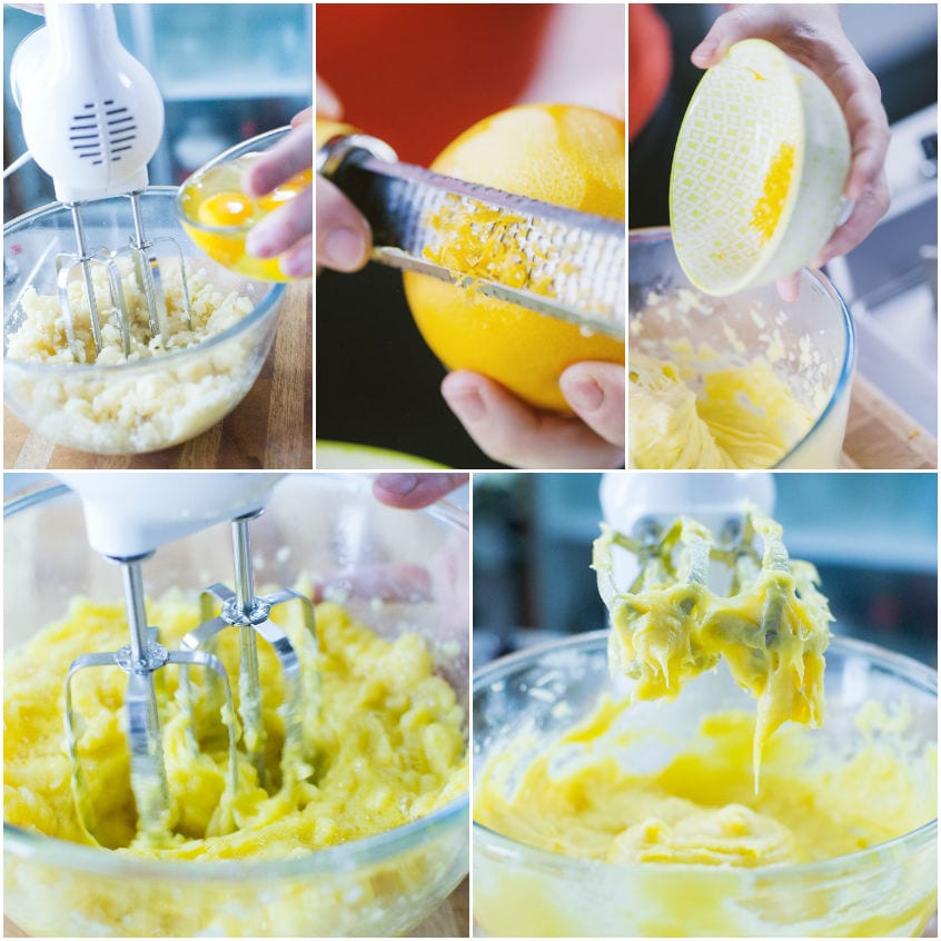 Impasto per tortelli di Carnevale lavorato con fruste elettriche, con uova e scorze grattugiate di agrumi